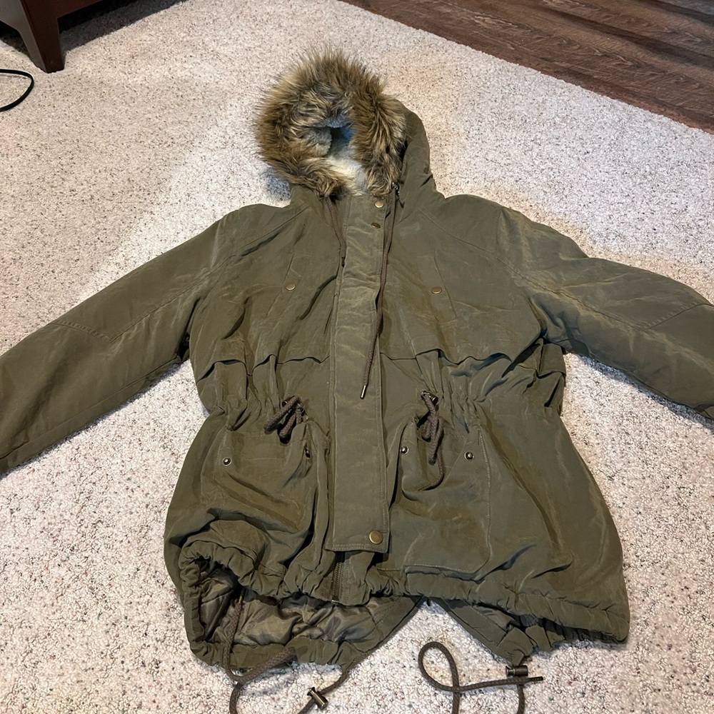 Women's Olive Green Parka with Faux Fur Hood